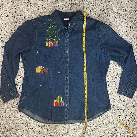 Jean denim Christmas holiday button up down shirt XL embroidered XL cotton - Picture 7 of 7